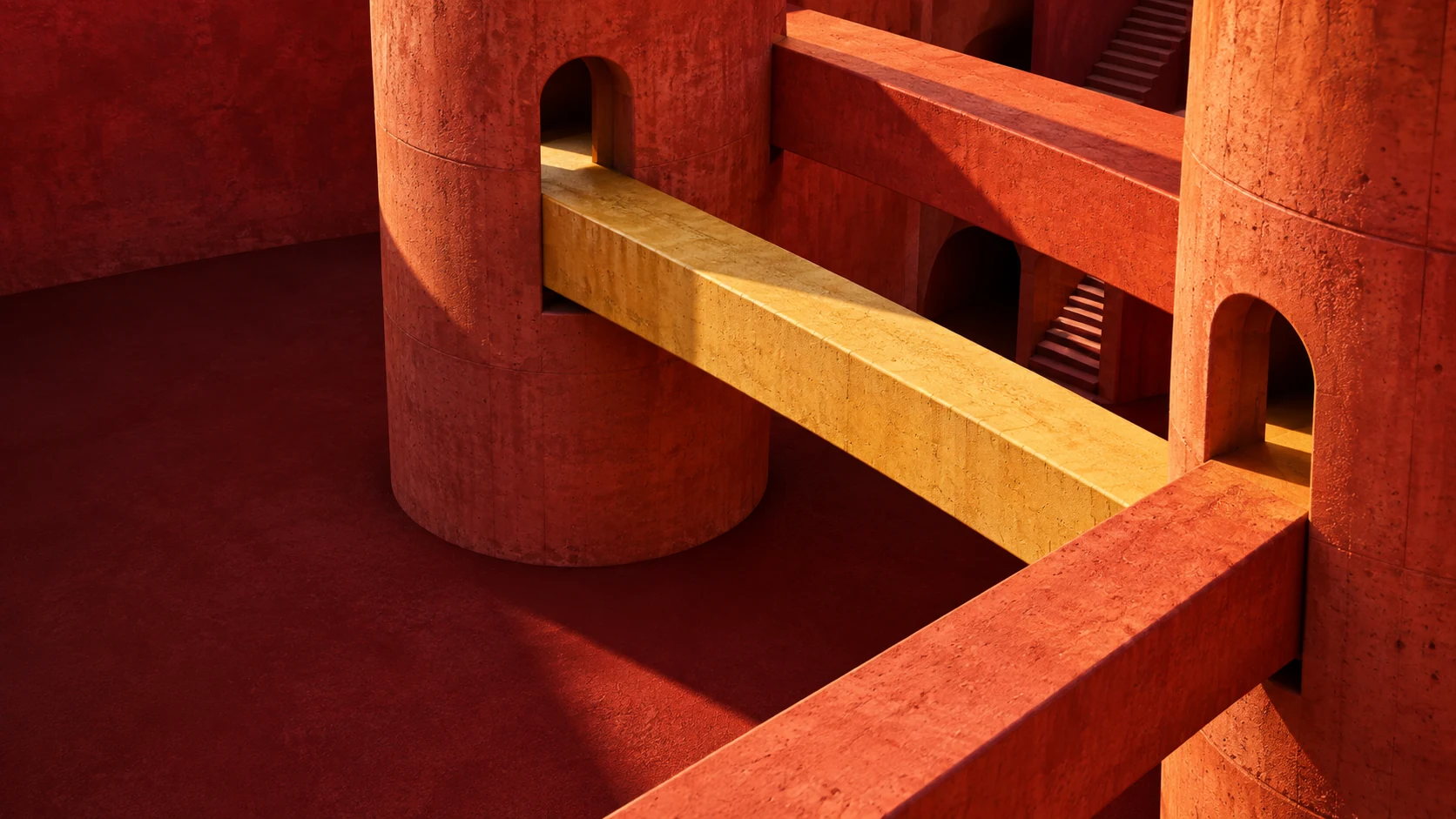 Golden and orange bridges connecting textured terracotta towers, an editorial illustration of referral connections.