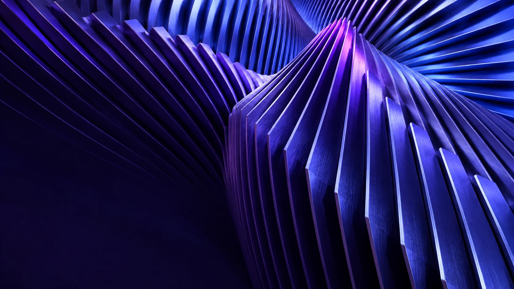 Violet and cobalt metal fins forming a sharply folded architectural canyon.