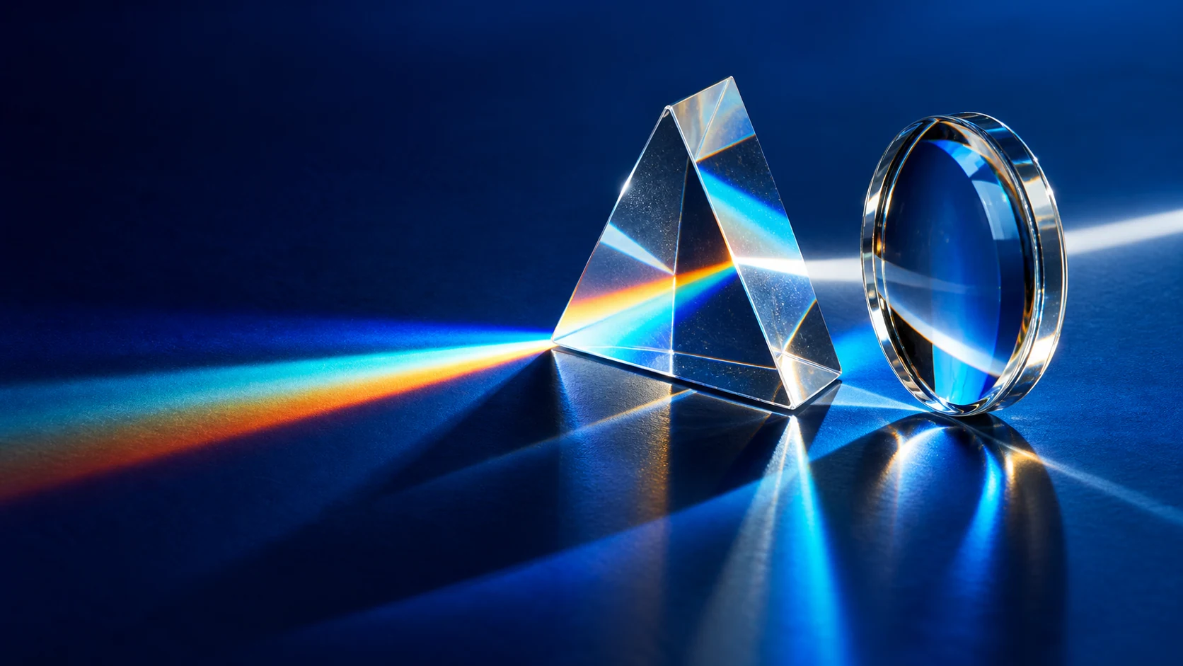 A clear glass prism and lens refracting cyan and orange light across a cobalt surface.